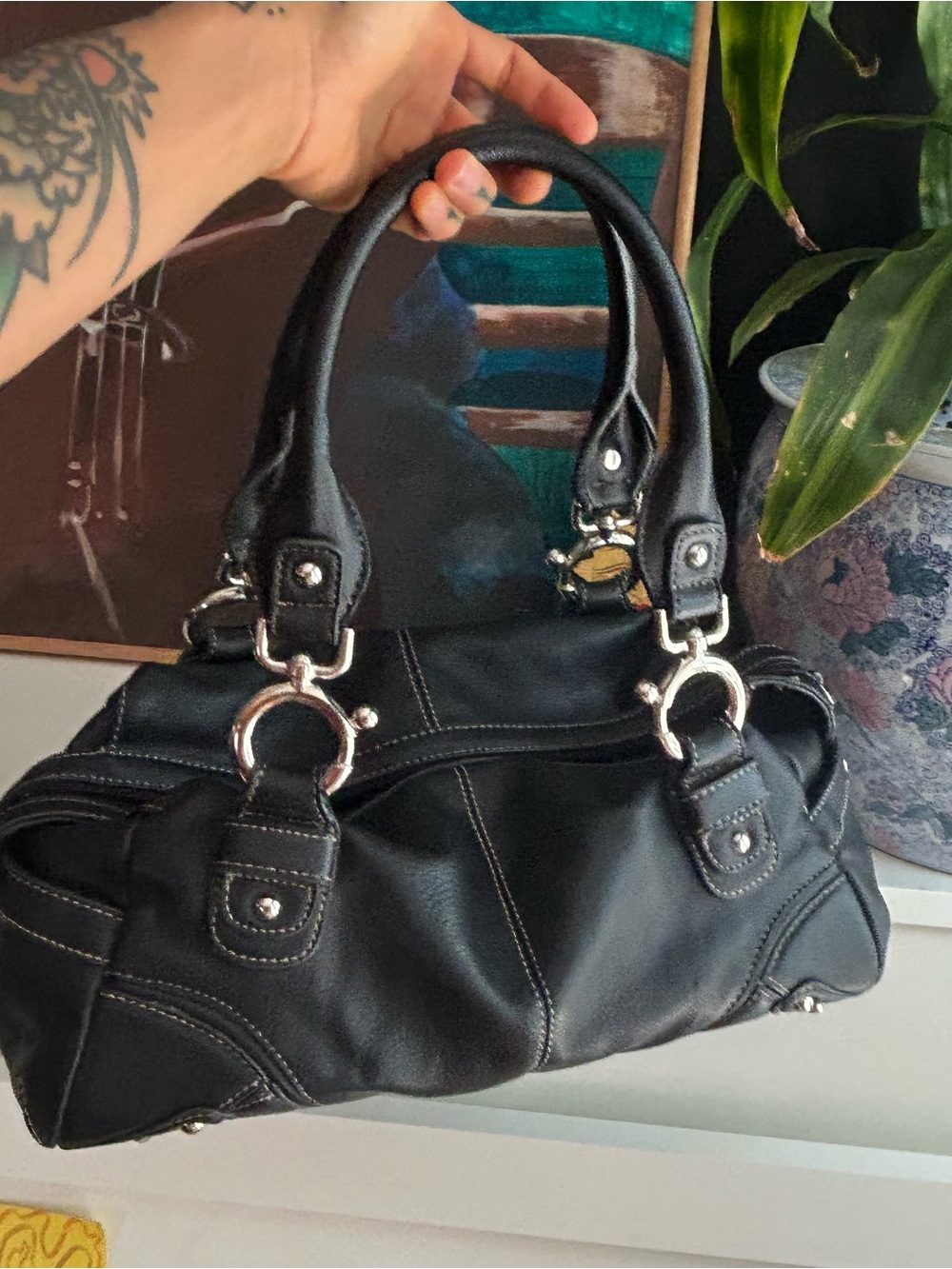 Nine West Black Faux Leather Satchel Shoulder Bag Y2K Silver Hardware